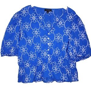 Calligraphie Boho Embroidered Blouse L Blue White Puff Sleeve Peolum‎ Cottage